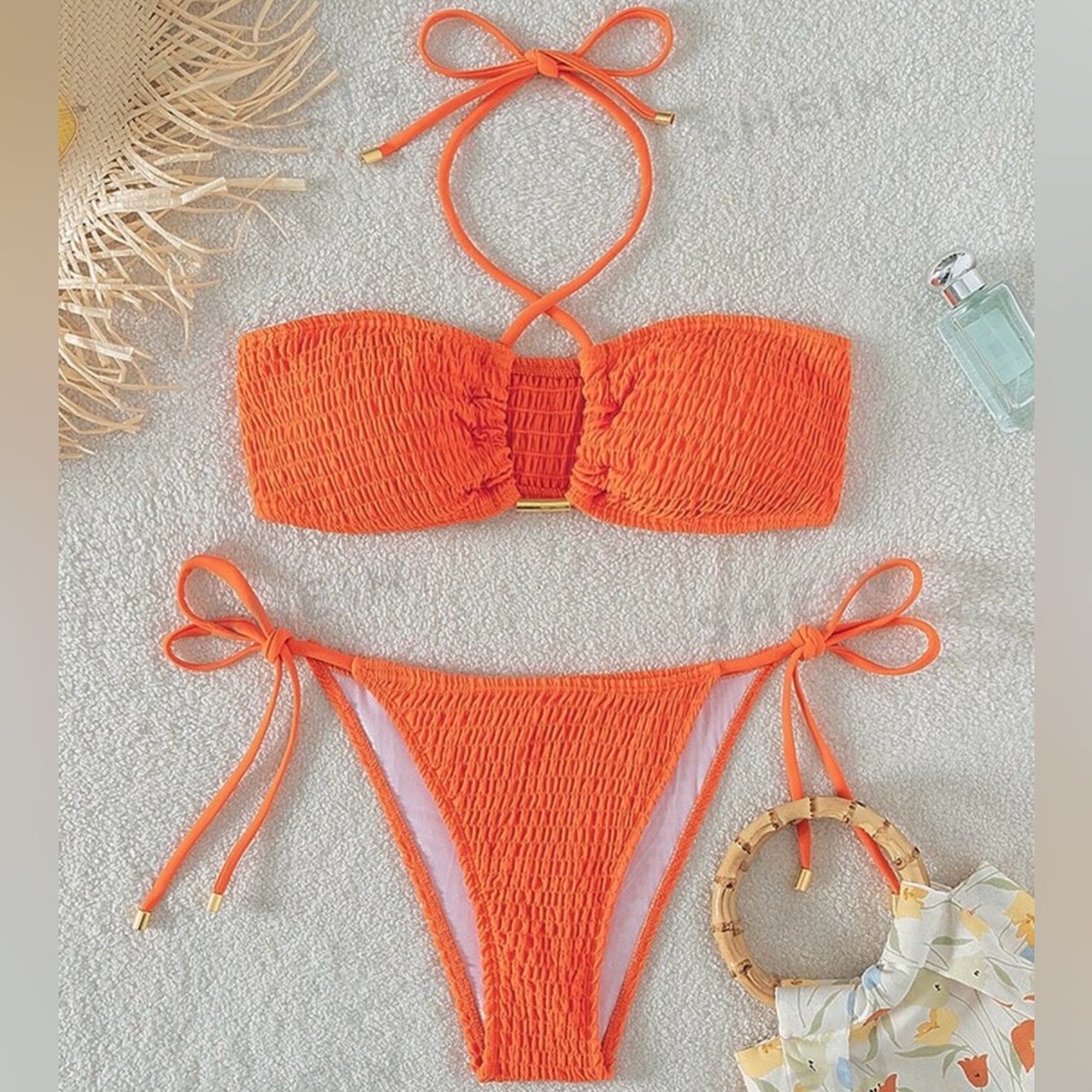 SHEIN Swim Summer Beach Smocked Halter Bra & Thong Bottom 2 Piece Bathing Suit